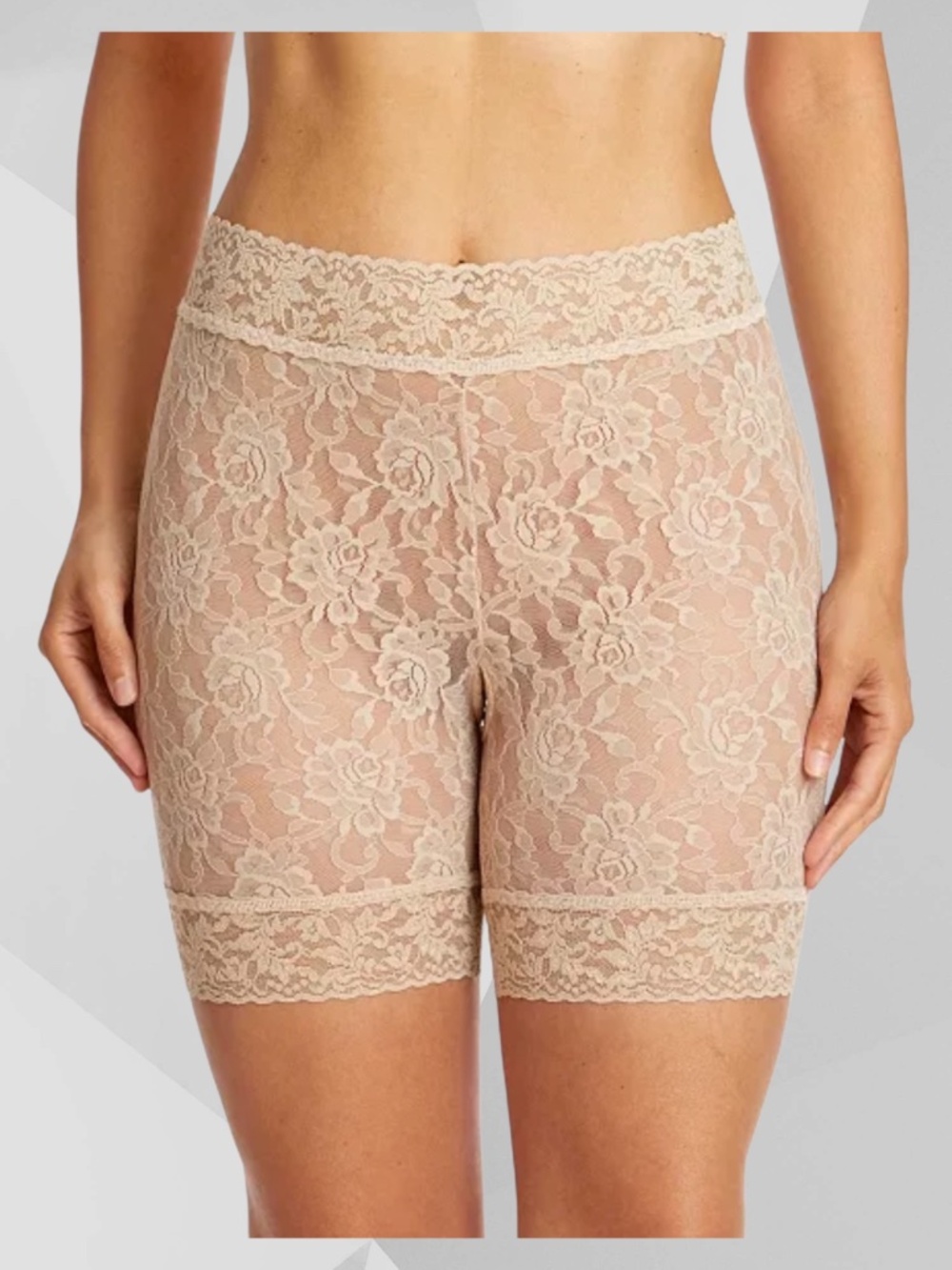 HANKY PANKY Signature Lace Bike Shorts All Over Stretch Comfy Waistband Tan NWT